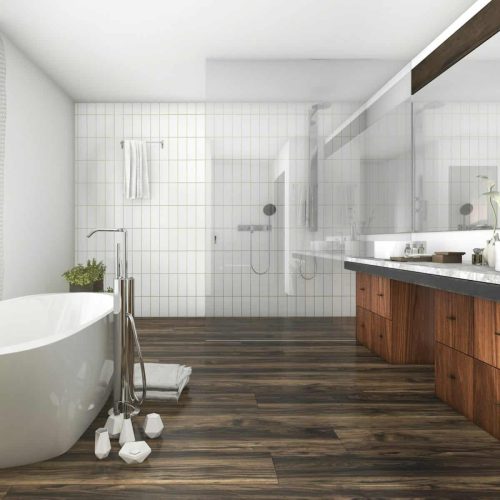 3d rendering wood and tile design bathroom near window an curtain
